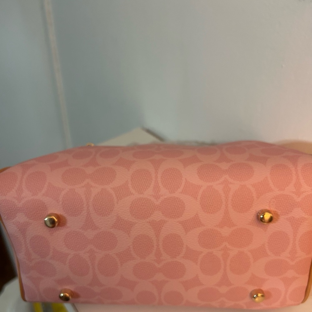 Coach Pink Signature Satchel with Tan Trim and Floral Charm - Picture 9 of 10